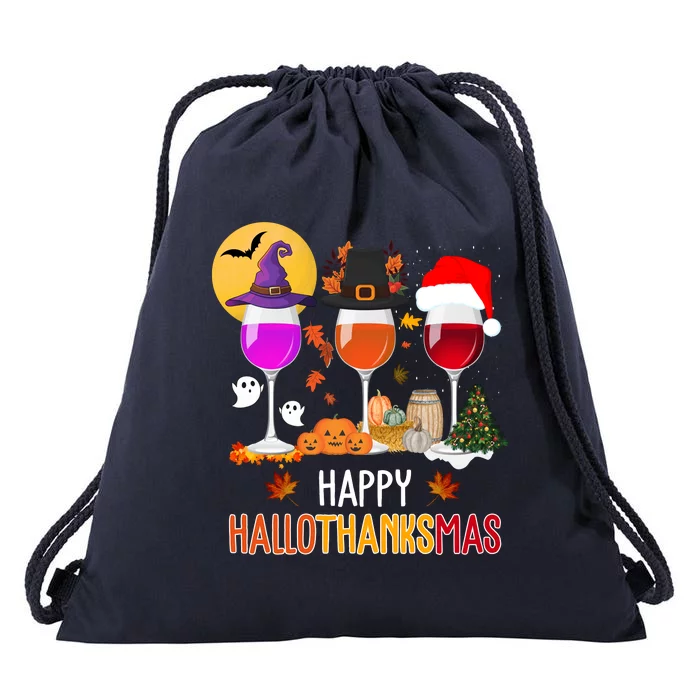 Happy Halloween Thanksgiving Christmas Wine Lover Gift Drawstring Bag