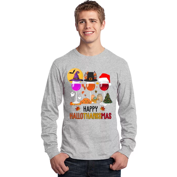 Happy Halloween Thanksgiving Christmas Wine Lover Gift Long Sleeve Shirt