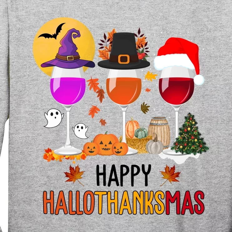 Happy Halloween Thanksgiving Christmas Wine Lover Gift Long Sleeve Shirt