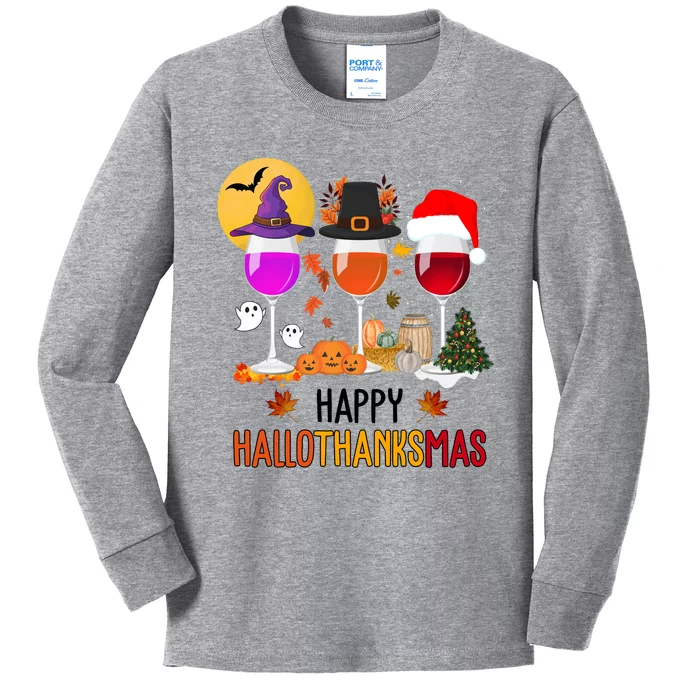 Happy Halloween Thanksgiving Christmas Wine Lover Gift Kids Long Sleeve Shirt