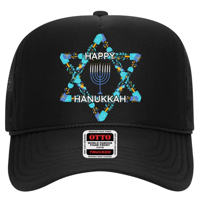 Happy Hanukkah Trending Design High Crown Mesh Trucker Hat