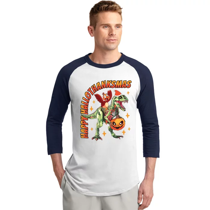 Happy Hallothanksmas Trex Halloween Thanksgiving Christmas Baseball Sleeve Shirt