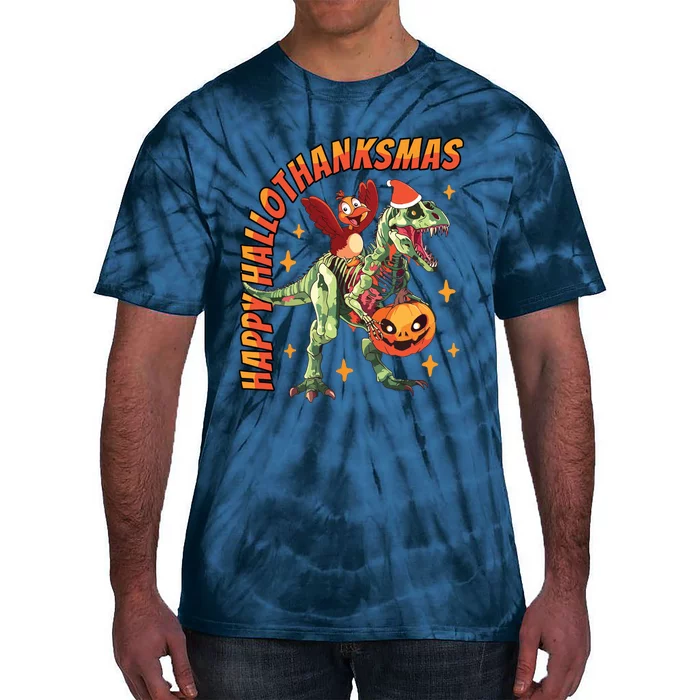 Happy Hallothanksmas Trex Halloween Thanksgiving Christmas Tie-Dye T-Shirt