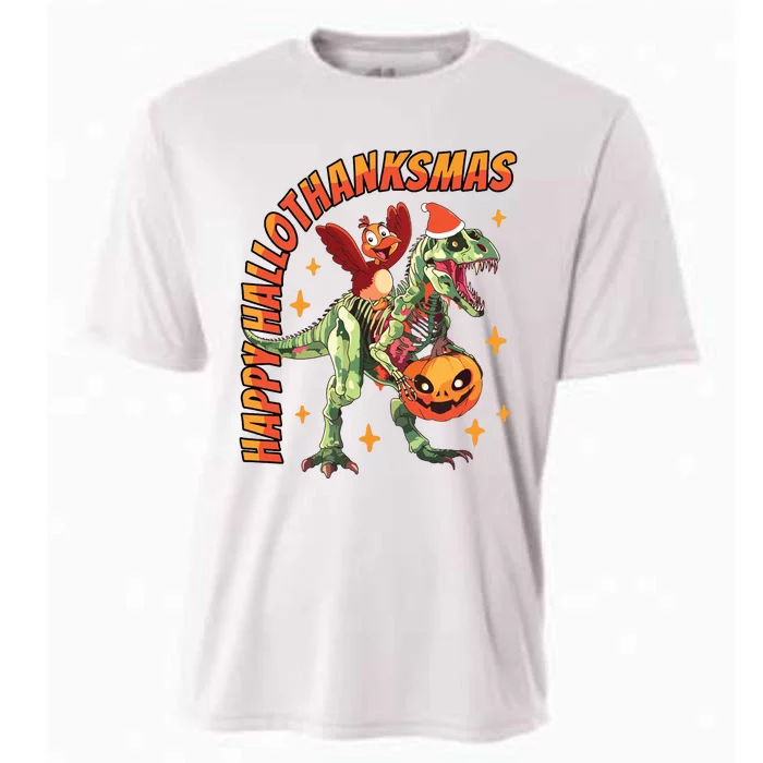 Happy Hallothanksmas Trex Halloween Thanksgiving Christmas Cooling Performance Crew T-Shirt