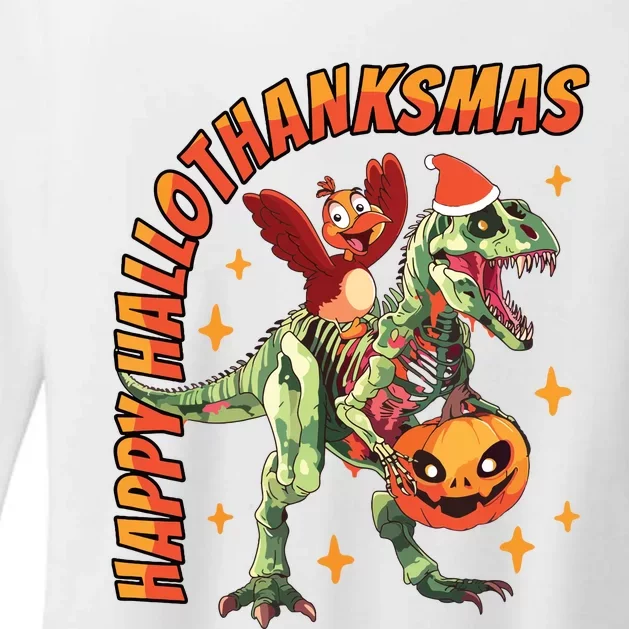 Happy Hallothanksmas Trex Halloween Thanksgiving Christmas Womens CVC Long Sleeve Shirt