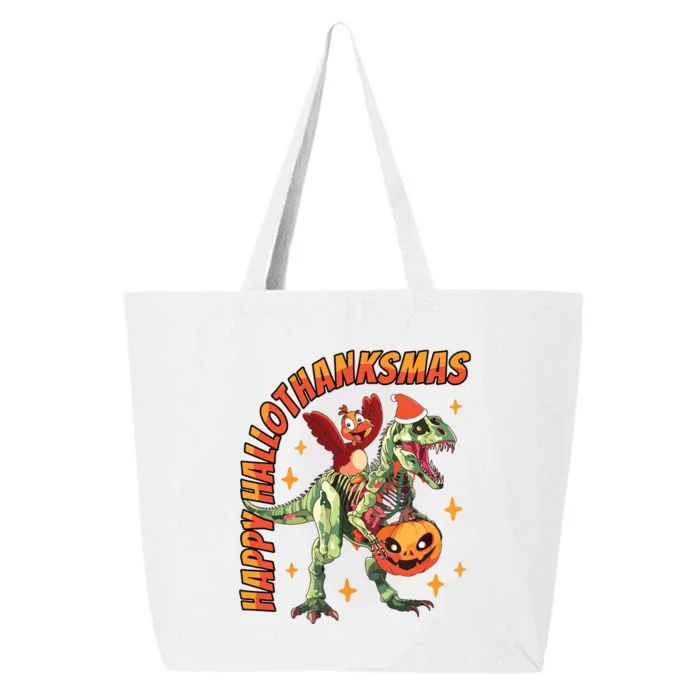 Happy Hallothanksmas Trex Halloween Thanksgiving Christmas 25L Jumbo Tote