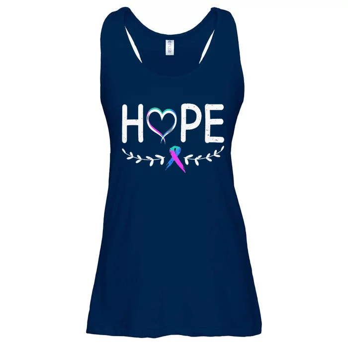 Hope Heart Teal Pink Purple Ribbon Thyroid Cancer Ladies Essential Flowy Tank