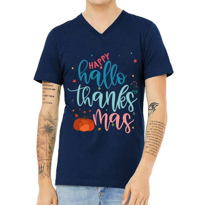 Happy Hallothanksmas Thanksgiving Halloween Xmas V-Neck T-Shirt