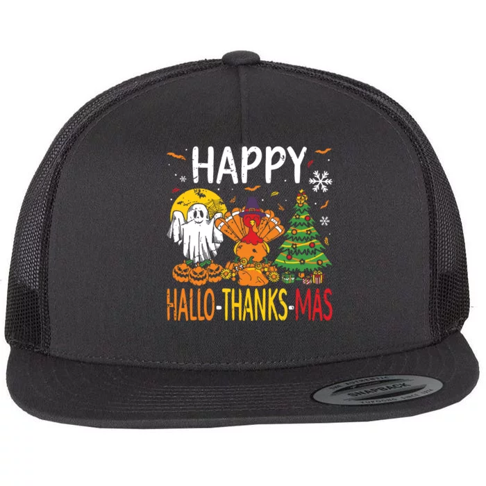 Hallothanksmas Halloween Thanksgiving Christmas Flat Bill Trucker Hat