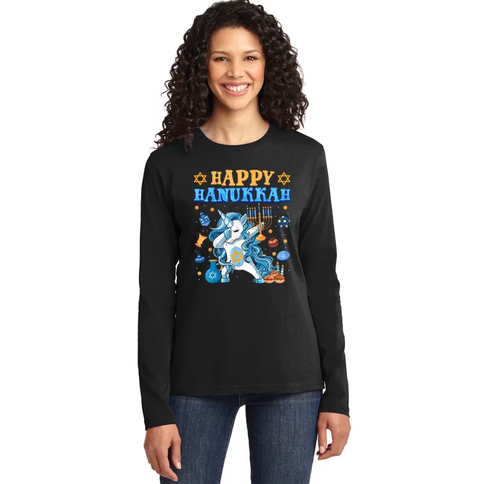 Happy Hanukkah Unicorn Jewnicorn Chanukah Jewish Xmas Gifts Ladies Long Sleeve Shirt