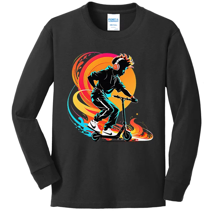 Hip Hop Urban On Scooter Flames Kids Long Sleeve Shirt