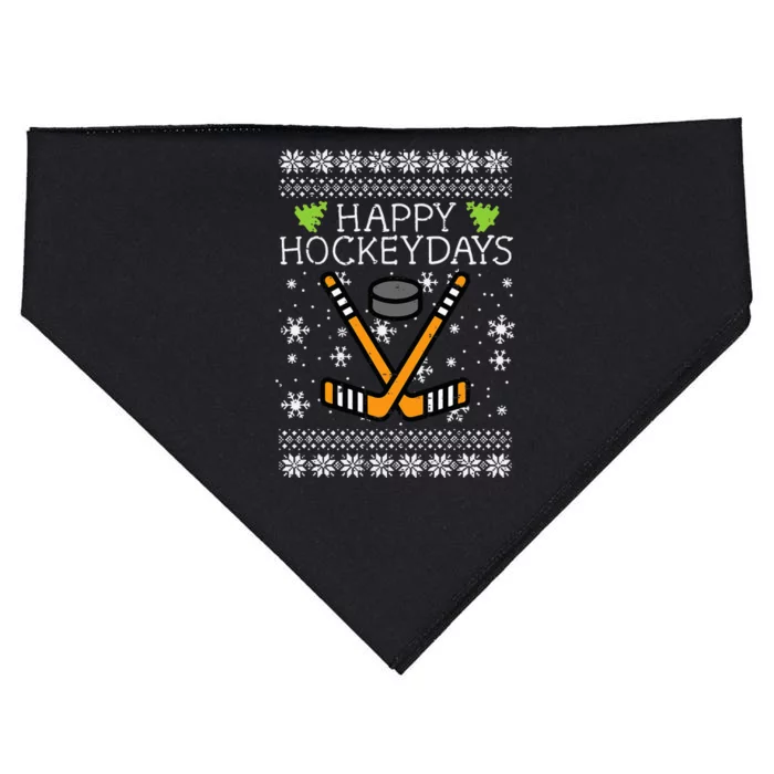 Happy Hockeydays Ugly Christmas Xmas Hockey USA-Made Doggie Bandana