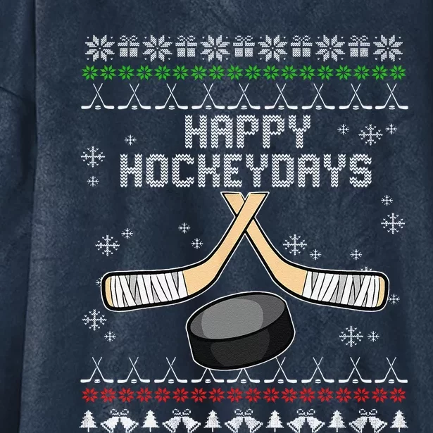 Happy Hockeydays Ugly Christmas Pajama Cool Hockey Pun XMas Hooded Wearable Blanket