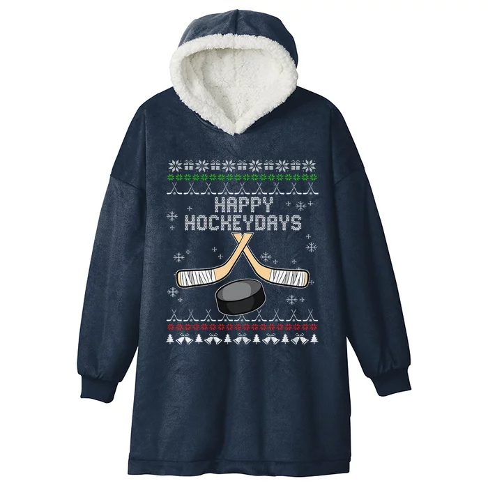 Happy Hockeydays Ugly Christmas Pajama Cool Hockey Pun XMas Hooded Wearable Blanket