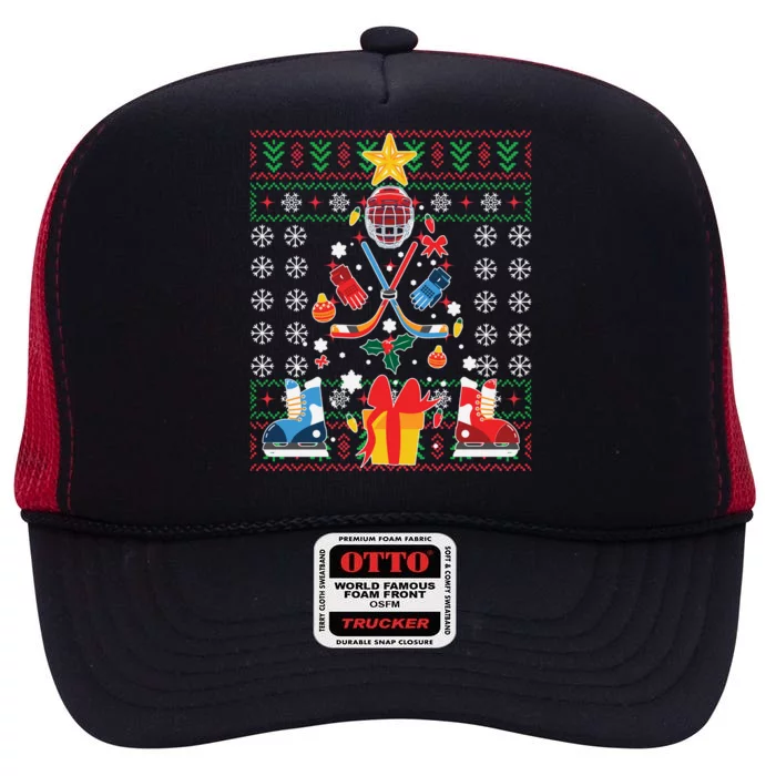 Happy Hockeydays Ugly Christmas Xmas Hockey Gift High Crown Mesh Trucker Hat