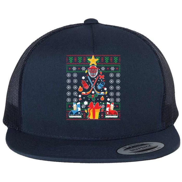 Happy Hockeydays Ugly Christmas Xmas Hockey Gift Flat Bill Trucker Hat