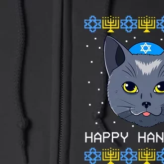 Happy Hanukcat Ugly Hanukkah Sweater Cat Chanukah Jewish Full Zip Hoodie