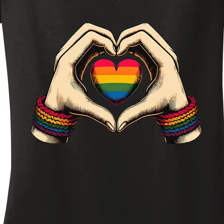 Hands Heart Unity Rainbow Pride Stuff Flag Transsexual Lgbt Women's V-Neck T-Shirt