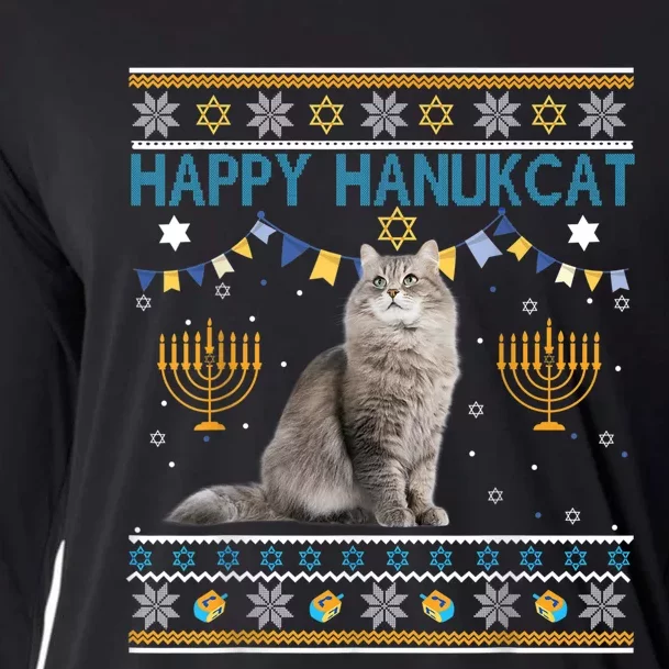 Happy Hanukcat Ugly Hanukkah Sweater Cat Chanukah Jewish Cooling Performance Long Sleeve Crew