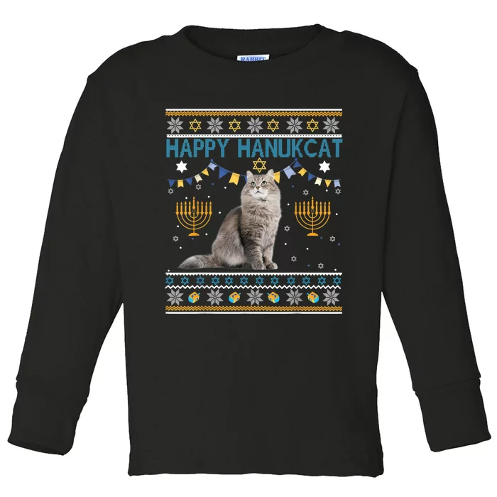 Happy Hanukcat Ugly Hanukkah Sweater Cat Chanukah Jewish Toddler Long Sleeve Shirt