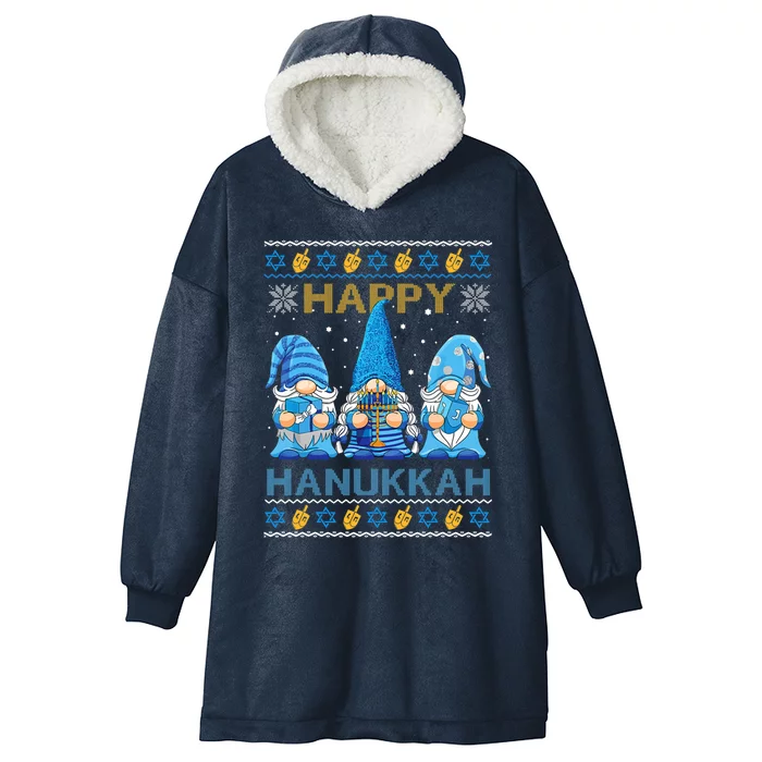 Happy Hanukkah Ugly Christmas Gnome Gnomies Menorah Dreidel Hooded Wearable Blanket