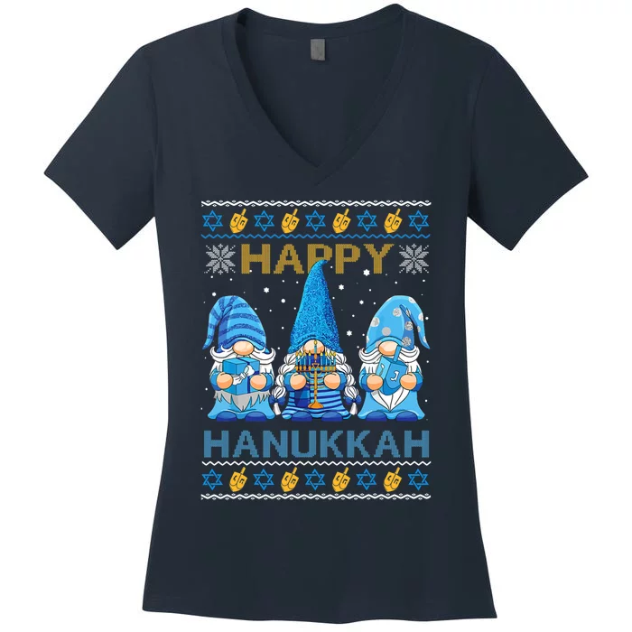 Happy Hanukkah Ugly Christmas Gnome Gnomies Menorah Dreidel Women's V-Neck T-Shirt