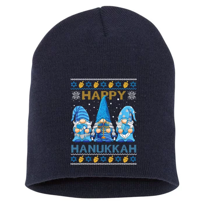 Happy Hanukkah Ugly Christmas Gnome Gnomies Menorah Dreidel Short Acrylic Beanie