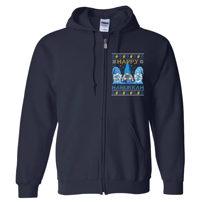 Happy Hanukkah Ugly Christmas Gnome Gnomies Menorah Dreidel Full Zip Hoodie