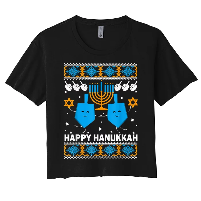 Happy Hanukkah Ugly Sweater Chanukah Jewish Christmas Gifts Women's Crop Top Tee