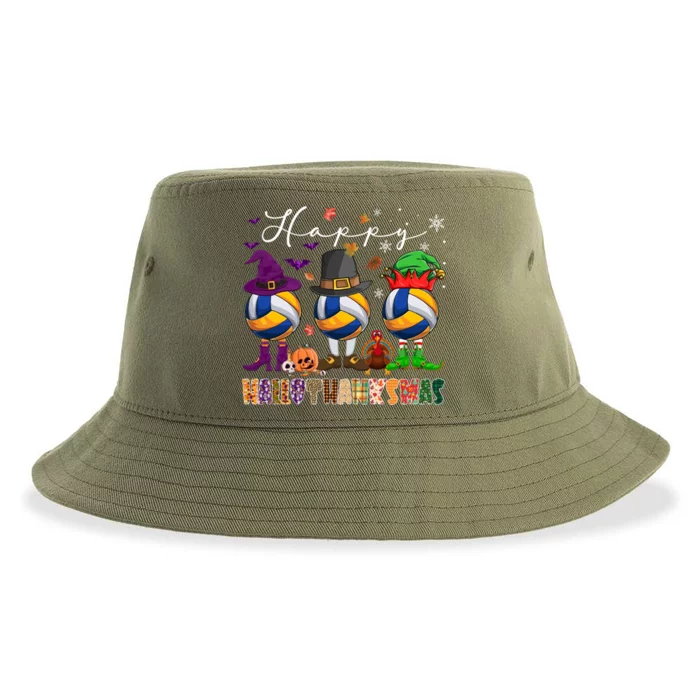 Happy Hallothanksmas Volleyball Halloween Thanksgiving Xmas Gift Sustainable Bucket Hat