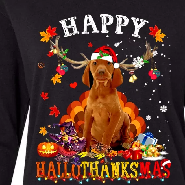 Happy Hallothanksmas Vizsla Dog Halloween Xmas Gift Womens Cotton Relaxed Long Sleeve T-Shirt