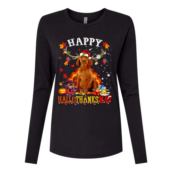 Happy Hallothanksmas Vizsla Dog Halloween Xmas Gift Womens Cotton Relaxed Long Sleeve T-Shirt