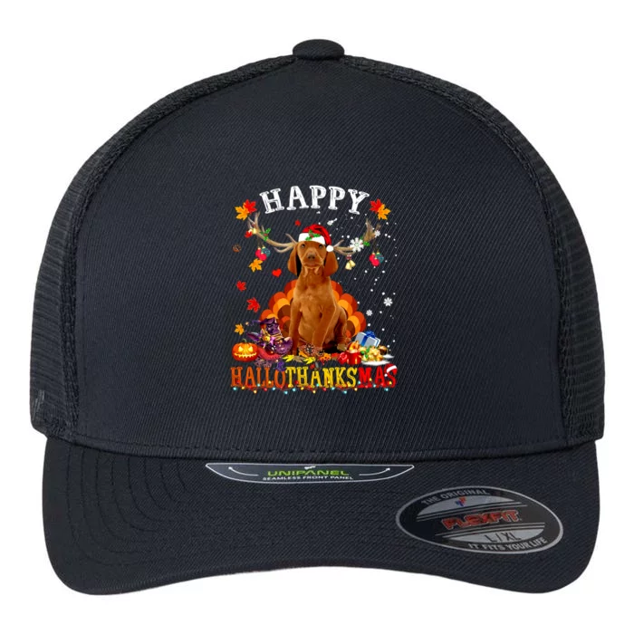 Happy Hallothanksmas Vizsla Dog Halloween Xmas Gift Flexfit Unipanel Trucker Cap