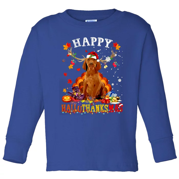 Happy Hallothanksmas Vizsla Dog Halloween Xmas Gift Toddler Long Sleeve Shirt