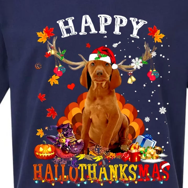 Happy Hallothanksmas Vizsla Dog Halloween Xmas Gift Sueded Cloud Jersey T-Shirt