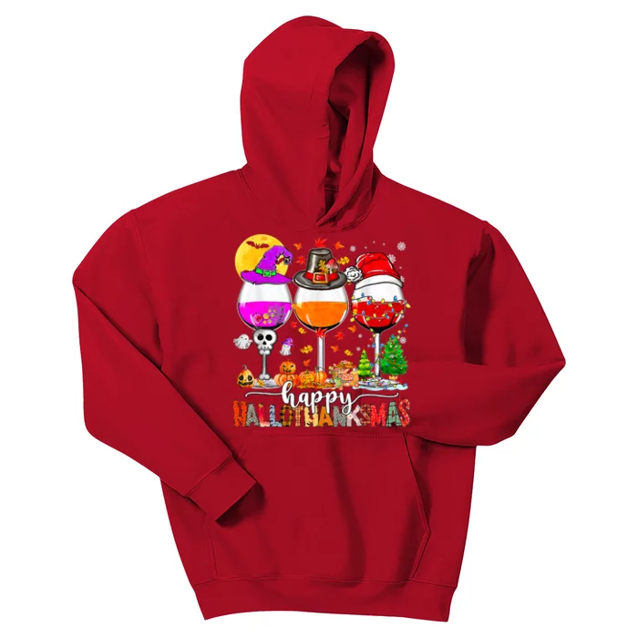 Happy Hallothanksmas Wine Glasses Witch Santa Hat Pumpkin Kids Hoodie