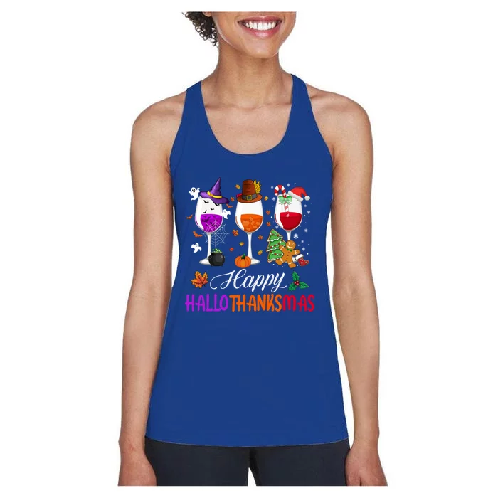 Happy Hallothanksmas Wine Glasses Halloween Thanksgiving Cool Gift Women's Racerback Tank