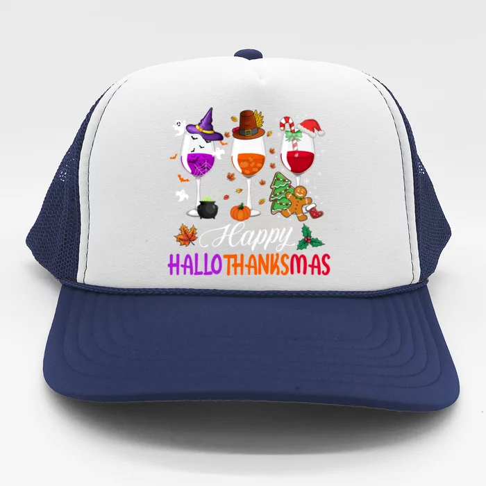 Happy Hallothanksmas Wine Glasses Halloween Thanksgiving Cool Gift Trucker Hat