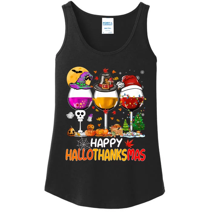 Happy Hallothanksmas Wine Glasses Witch Santa Hat Pumpkin Ladies Essential Tank