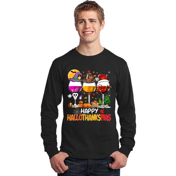 Happy Hallothanksmas Wine Glasses Witch Santa Hat Pumpkin Tall Long Sleeve T-Shirt