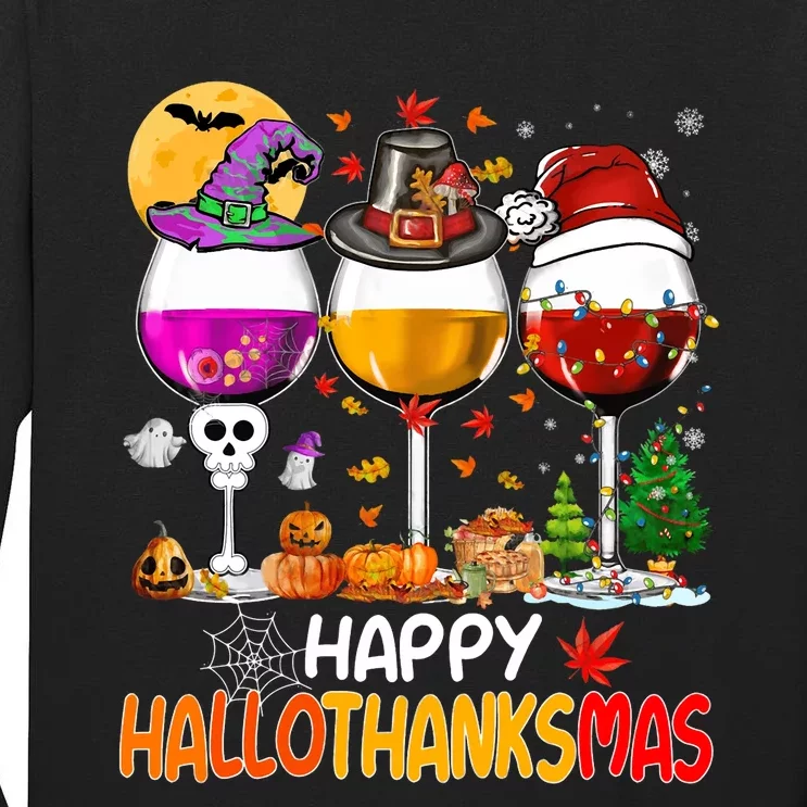 Happy Hallothanksmas Wine Glasses Witch Santa Hat Pumpkin Tall Long Sleeve T-Shirt