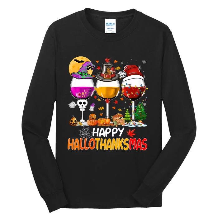 Happy Hallothanksmas Wine Glasses Witch Santa Hat Pumpkin Tall Long Sleeve T-Shirt