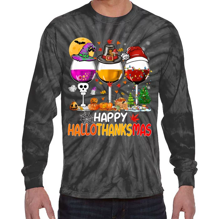 Happy Hallothanksmas Wine Glasses Witch Santa Hat Pumpkin Tie-Dye Long Sleeve Shirt