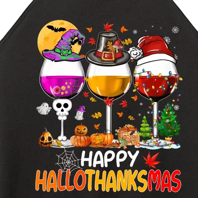 Happy Hallothanksmas Wine Glasses Witch Santa Hat Pumpkin Women’s Perfect Tri Rocker Tank