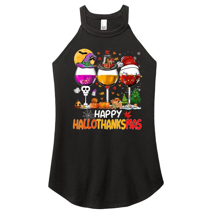 Happy Hallothanksmas Wine Glasses Witch Santa Hat Pumpkin Women’s Perfect Tri Rocker Tank