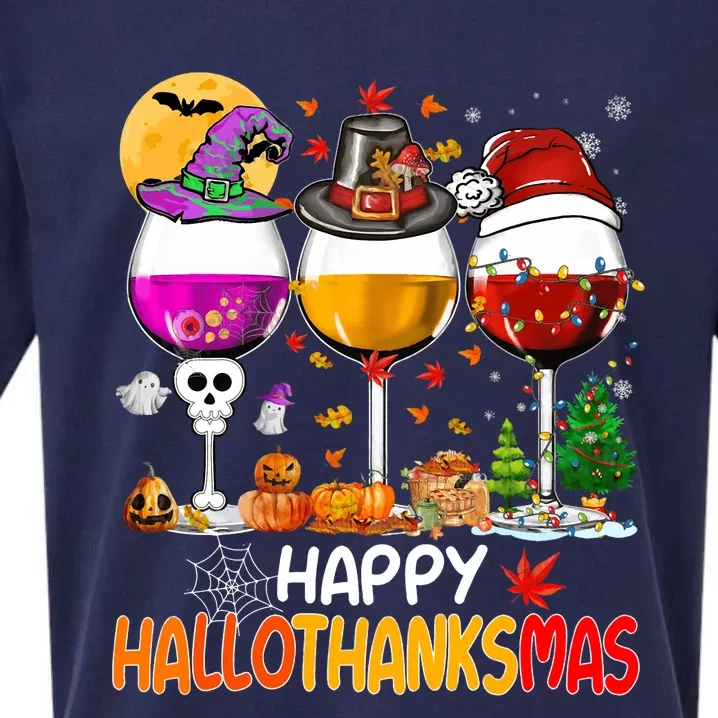 Happy Hallothanksmas Wine Glasses Witch Santa Hat Pumpkin Sueded Cloud Jersey T-Shirt