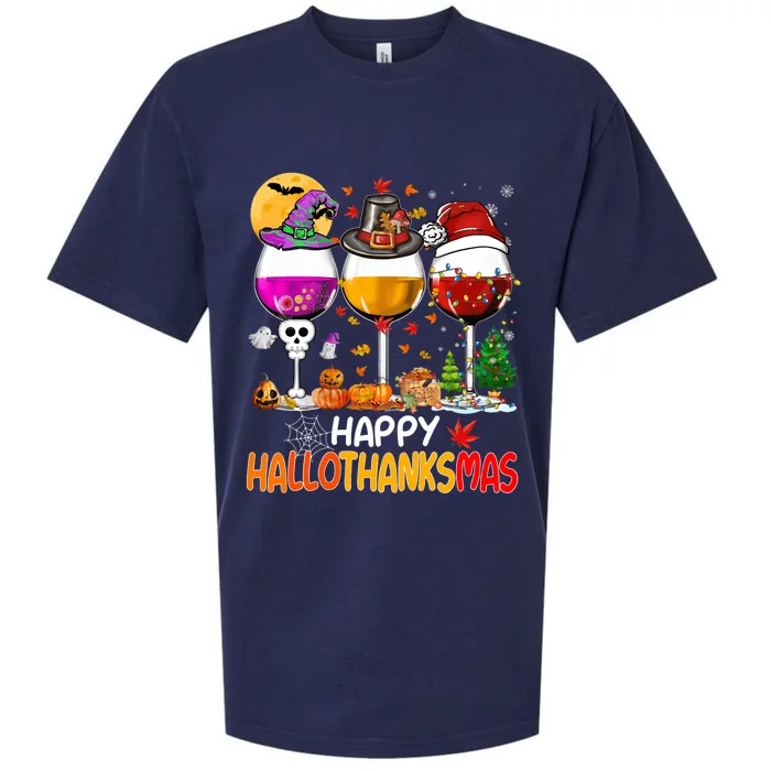 Happy Hallothanksmas Wine Glasses Witch Santa Hat Pumpkin Sueded Cloud Jersey T-Shirt