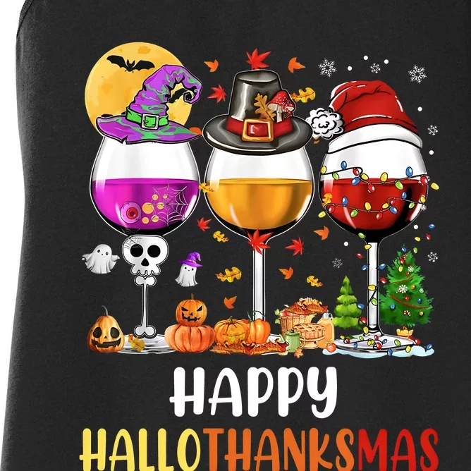 Happy Hallothanksmas Wine Hallween Thanksgiving Christmas Women's Racerback Tank