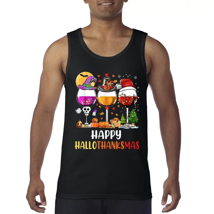 Happy Hallothanksmas Wine Hallween Thanksgiving Christmas Tank Top