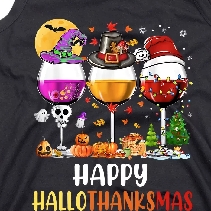 Happy Hallothanksmas Wine Hallween Thanksgiving Christmas Tank Top